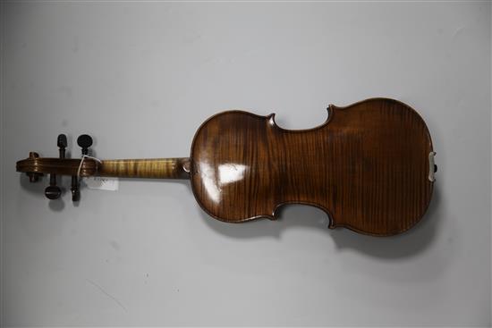 A violin stamped Thompsons London, length of back 35.2cm, cased